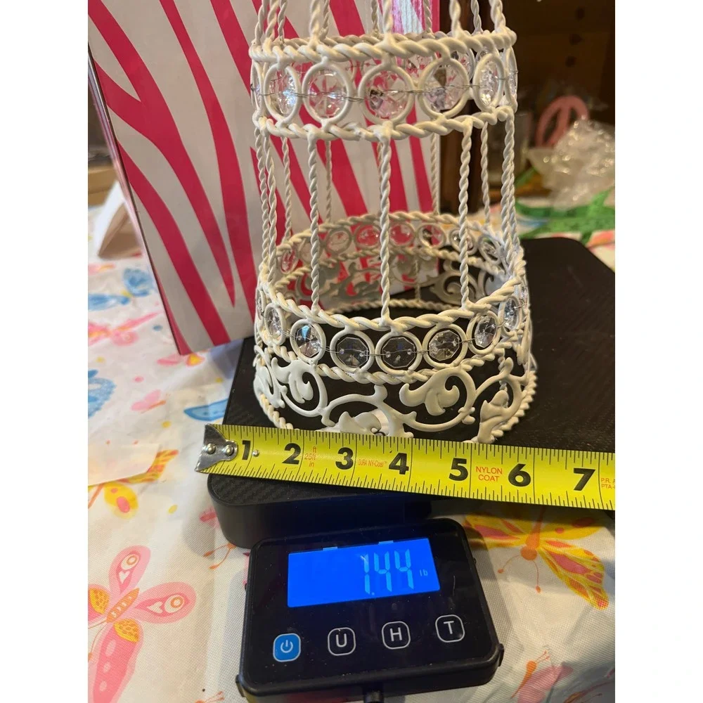 Pink Zebra White Metal Crystal Birdcage Shabby Chic Decorative